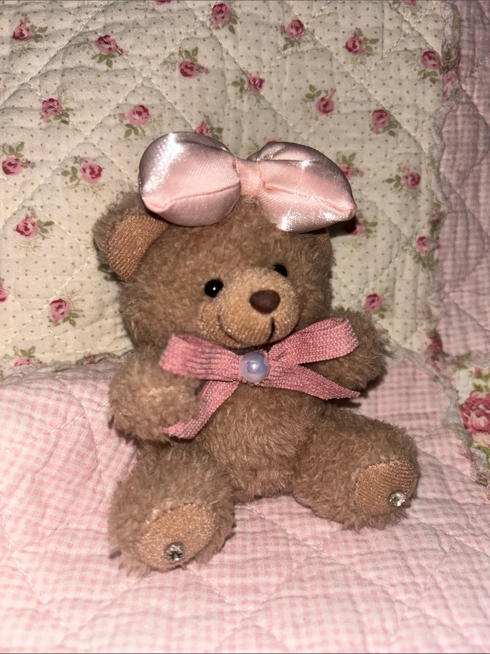 Teddy Bear Bag Charm with Pink Bow and Ribbon